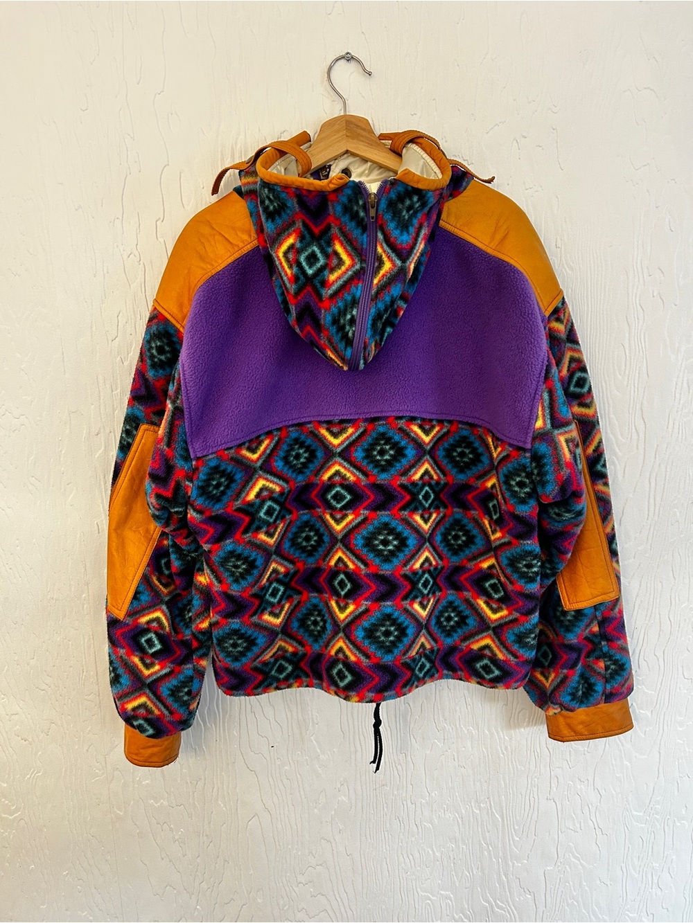 VINTAGE 90s Buff Muff Malden Polar Fleece Jacket Men's Medium Leather Colourful - Picture 2 of 7